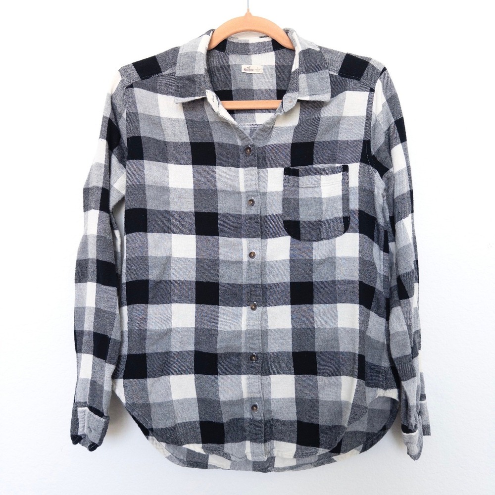 Hollister‎ Womens Plaid Flannel Shirt S Black White Button Down Western Layering - Picture 2 of 7